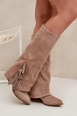 Wsuwane Kozaki Kowbojki Damskie Na Słupku Z Frędzlami Beżowe Zalia