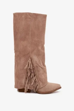 Wsuwane Kozaki Kowbojki Damskie Na Słupku Z Frędzlami Beżowe Zalia