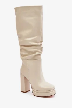 Wsuwane Kozaki Na Słupku I Platformie Z Marszczeniem Ocieplane Jasnobeżowe Beridra