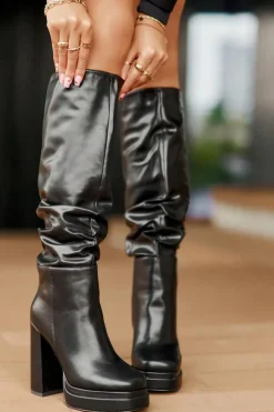 Wsuwane Kozaki Na Słupku I Platformie Z Marszczeniem Ocieplane Czarne Beridra