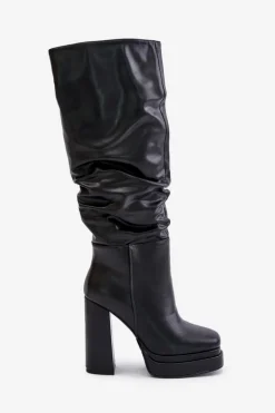 Wsuwane Kozaki Na Słupku I Platformie Z Marszczeniem Ocieplane Czarne Beridra