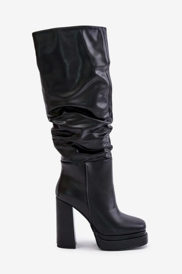 Wsuwane Kozaki Na Słupku I Platformie Z Marszczeniem Ocieplane Czarne Beridra