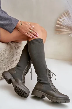 Wsuwane Kozaki Ze Skarpetkową Cholewką Ciemnozielone Iranel