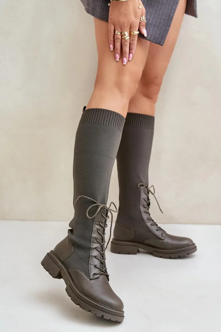 Wsuwane Kozaki Ze Skarpetkową Cholewką Ciemnozielone Iranel