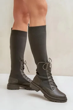 Wsuwane Kozaki Ze Skarpetkową Cholewką Ciemnozielone Iranel