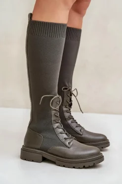 Wsuwane Kozaki Ze Skarpetkową Cholewką Ciemnozielone Iranel