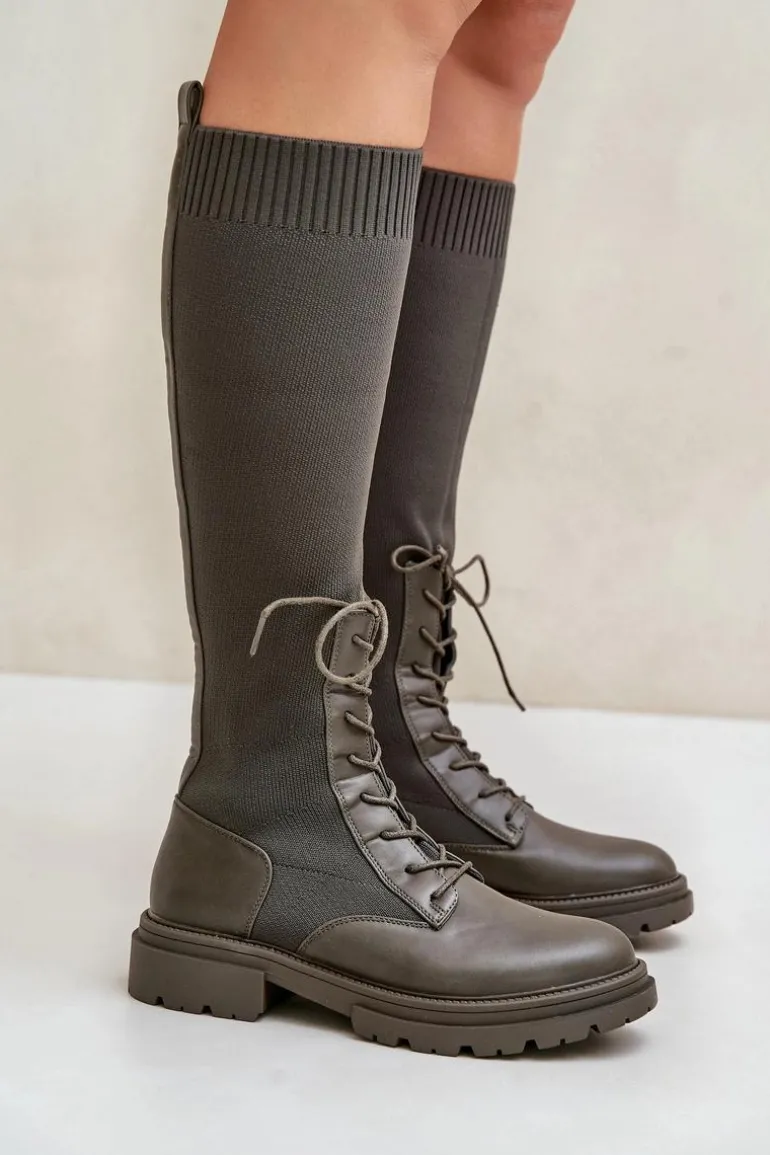 Wsuwane Kozaki Ze Skarpetkową Cholewką Ciemnozielone Iranel