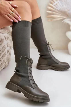 Wsuwane Kozaki Ze Skarpetkową Cholewką Ciemnozielone Iranel