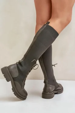 Wsuwane Kozaki Ze Skarpetkową Cholewką Ciemnozielone Iranel