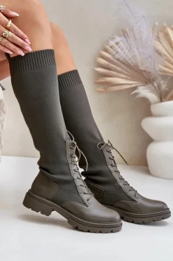 Wsuwane Kozaki Ze Skarpetkową Cholewką Ciemnozielone Iranel