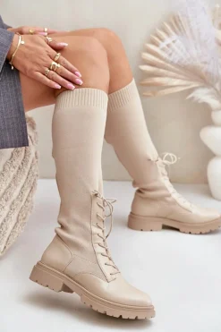 Wsuwane Kozaki Ze Skarpetkową Cholewką Beżowe Iranel