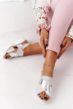 Wsuwane Sandały Na Platformie Sergio Leone SK029 Biało-Srebrne