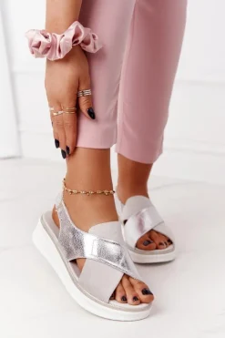 Wsuwane Sandały Na Platformie Sergio Leone SK029 Biało-Srebrne