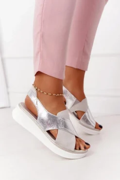 Wsuwane Sandały Na Platformie Sergio Leone SK029 Biało-Srebrne