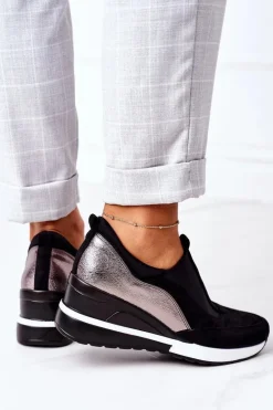 Wsuwane Sneakersy Na Koturnie Vinceza 10593 Czarno-Srebrne