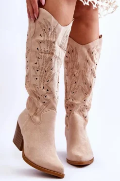 Wsuwane Zamszowe Ażurowe Kozaki Beżowe Elavi
