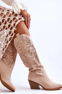 Wsuwane Zamszowe Ażurowe Kozaki Beżowe Elavi