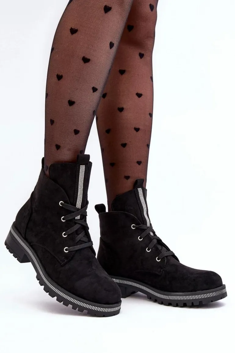 Wsuwane Zamszowe Botki Damskie Ze Zdobieniem Czarne Plesca