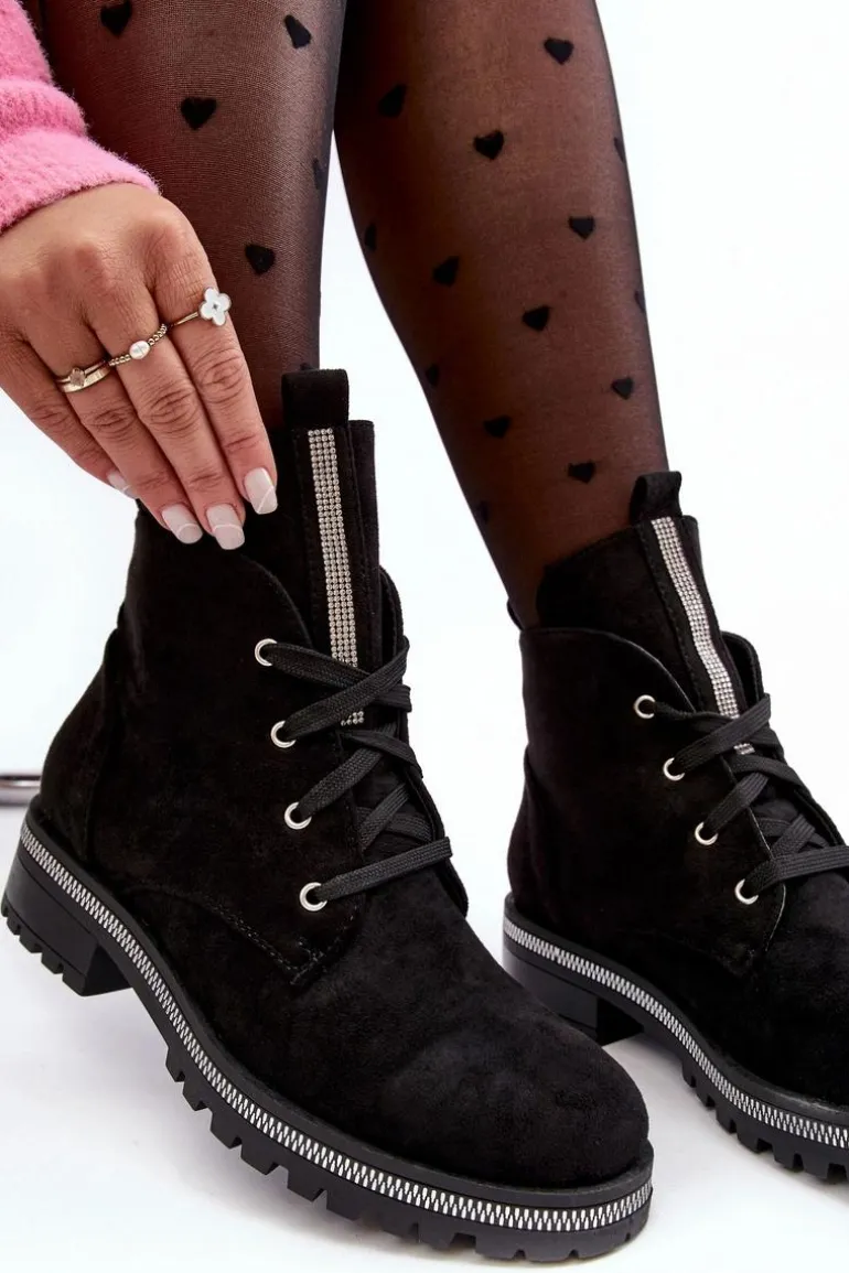Wsuwane Zamszowe Botki Damskie Ze Zdobieniem Czarne Plesca