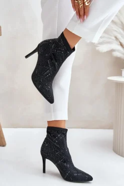 Wsuwane Zdobione Botki Na Szpilce S.Barski HY42-161 Czarne