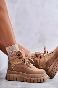 Wygodne Botki Na Platformie Ciemnobeżowe Sanchio