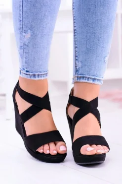Wygodne Damskie Czarne Sandały Koturny Mirabet