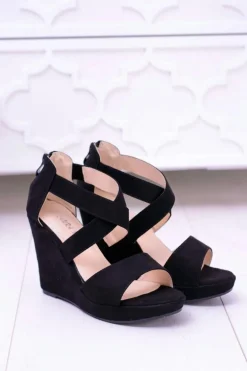Wygodne Damskie Czarne Sandały Koturny Mirabet