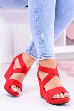 Wygodne Damskie Czerwone Sandały Koturny Mirabet
