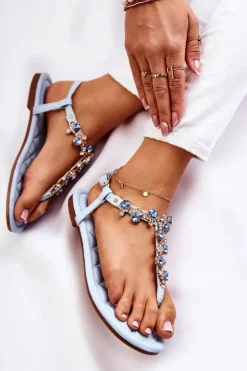 Wygodne Damskie Sandały Japonki Z Ozdobami Niebieskie Briven