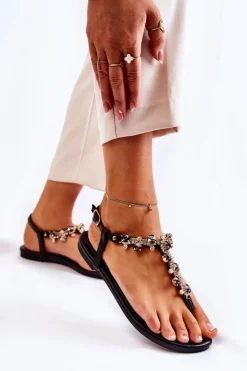 Wygodne Damskie Sandały Japonki Z Ozdobami Czarne Briven