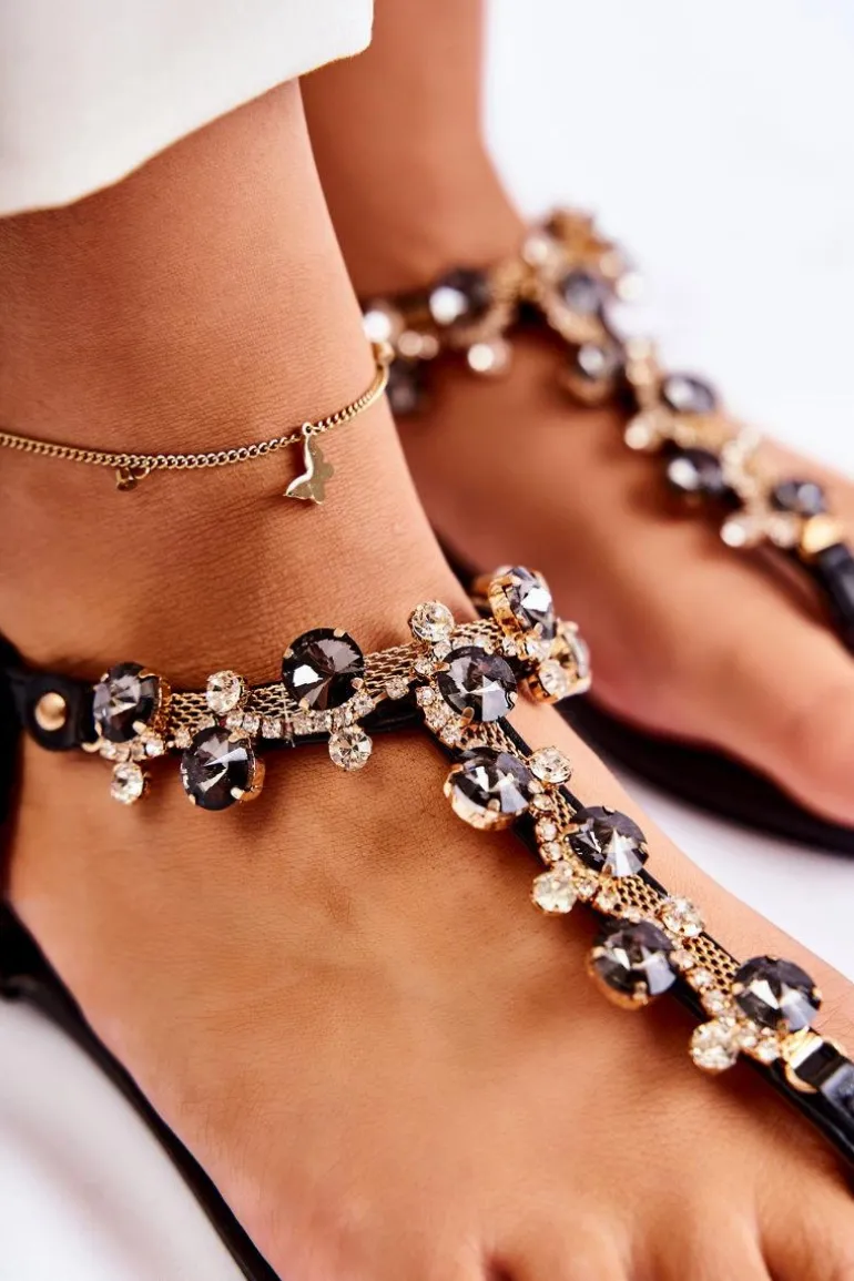 Wygodne Damskie Sandały Japonki Z Ozdobami Czarne Briven