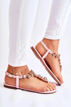 Wygodne Damskie Sandały Japonki Z Ozdobami Różowe Briven