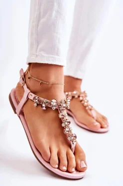 Wygodne Damskie Sandały Japonki Z Ozdobami Różowe Briven