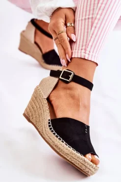 Wygodne Damskie Sandały Na Koturnie Czarne Dellia