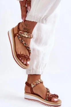 Wygodne Damskie Sandały Na Koturnie Brązowe Jodie