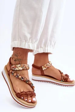 Wygodne Damskie Sandały Na Koturnie Brązowe Jodie