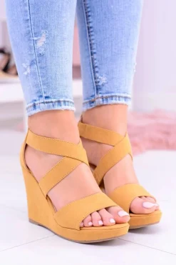 Wygodne Damskie Żółte Sandały Koturny Mirabet