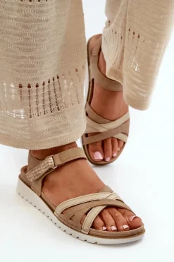 Wygodne I Lekkie Sandały Damskie Na Rzep Inblu CN000041 Beżowo-Złote