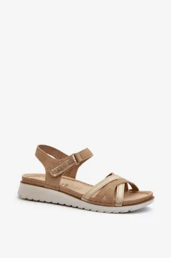Wygodne I Lekkie Sandały Damskie Na Rzep Inblu CN000041 Beżowo-Złote