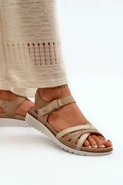 Wygodne I Lekkie Sandały Damskie Na Rzep Inblu CN000041 Beżowo-Złote