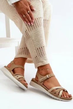 Wygodne I Lekkie Sandały Damskie Na Rzep Inblu CN000041 Beżowo-Złote