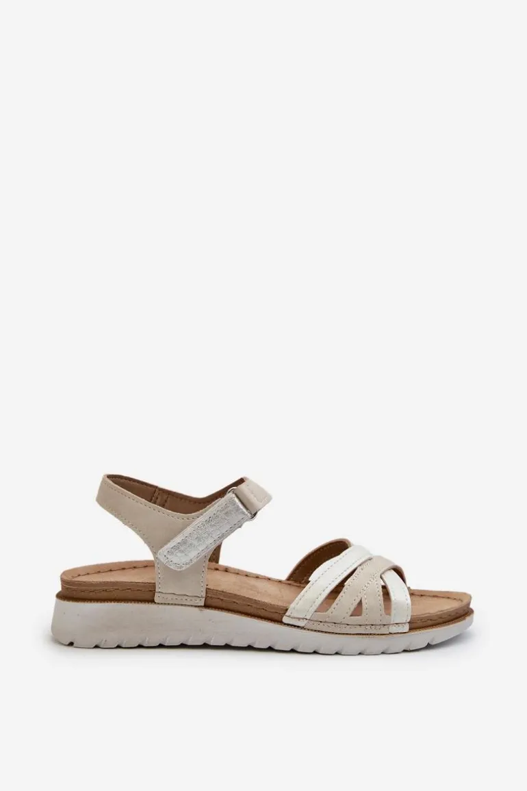 Wygodne I Lekkie Sandały Damskie Na Rzep Inblu CN000041 Beżowo-Srebrne