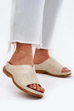 Wygodne Klapki Damskie Na Koturnie Złote Claribelle