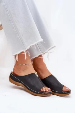 Wygodne Klapki Damskie Na Koturnie Czarne Claribelle