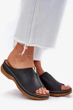 Wygodne Klapki Damskie Na Koturnie Czarne Claribelle