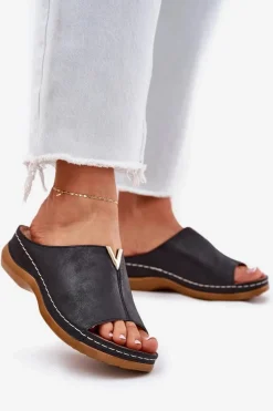 Wygodne Klapki Damskie Na Koturnie Czarne Claribelle