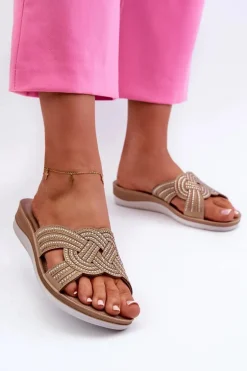 Wygodne Klapki Damskie Z Cyrkoniami Inblu BV000037 Beżowe