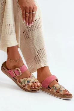 Wygodne Klapki Damskie Z Klamrą W Kwiaty Inblu GS000051 Różowe