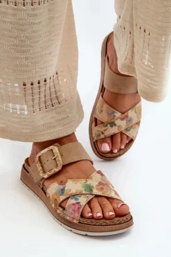 Wygodne Klapki Damskie Z Klamrą W Kwiaty Inblu GS000051 Brązowe