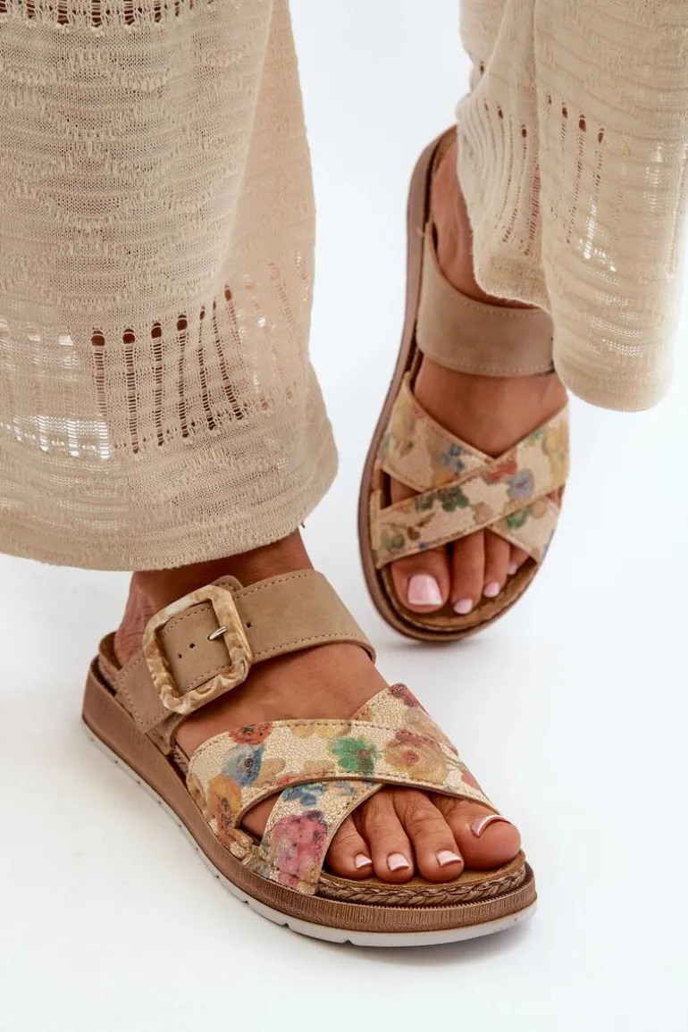 Wygodne Klapki Damskie Z Klamrą W Kwiaty Inblu GS000051 Brązowe